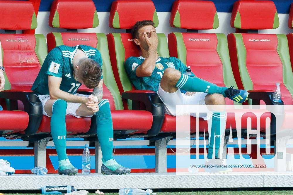 Kazan Russia 27 06 2018 FIFA World Cup Group F South Korea Germany Marco Reus GER and Thomas Mueller GER disappointed on the bench DeFodi507