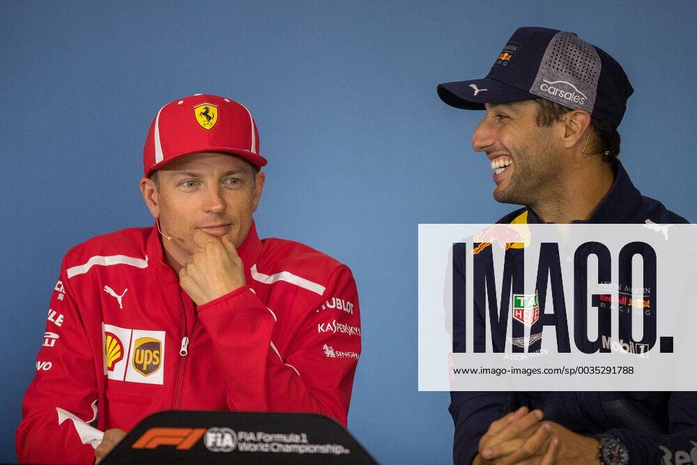 Red Bull Ring Spielberg AUT FIA Formula 1 Grand Prix of Austria Prev reports im Bild Kimi Raeikkoenen FIN Scuderia Ferrari Daniel Ricciardo AUS Red Bull Racing Finnish Formula One driver Kimi Raeikkoenen of Scuderia Ferrari Australian Formula One drive Daniel Ricciardo of Red Bull Racing during preparations of the Austrian FIA Formula One Grand Prix at the Red Bull Ring at Spielberg France on 2018 06 28 Spielberg EX_ANG