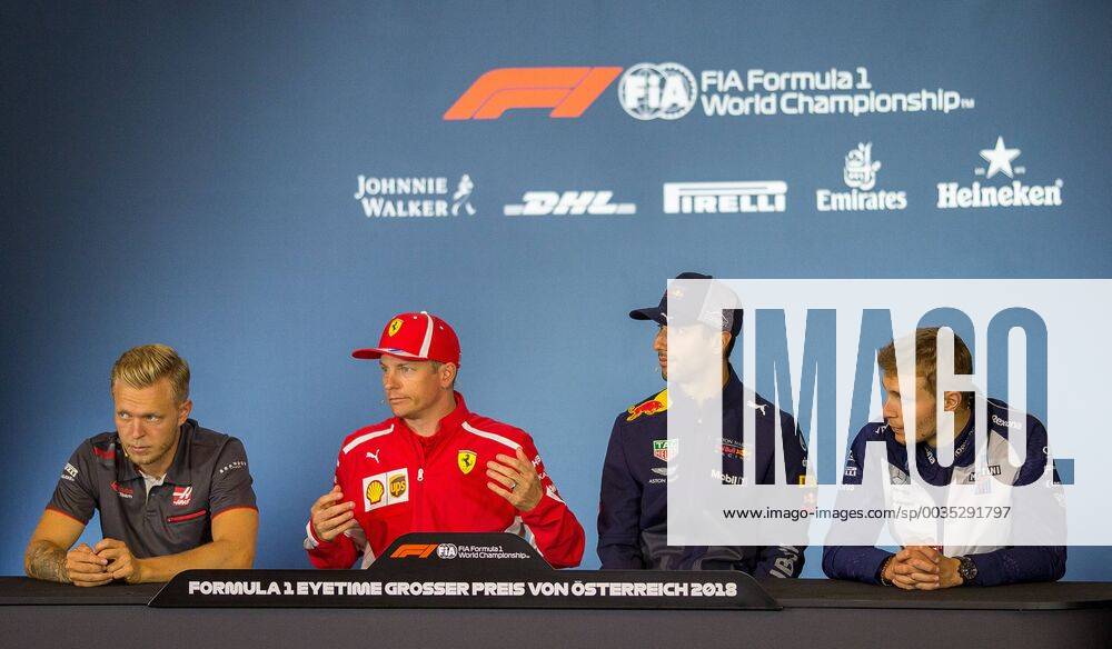 Red Bull Ring Spielberg AUT FIA Formula 1 Grand Prix of Austria Preliminary Reports pic Kevin Magnussen DEN Haas Kimi Raeikkoenen FIN Scuderia Ferrari Daniel Ricciardo AUS Red Bull Racing Sergey Sirotkin RUS Williams fl. Danish Formula One driver Kevin Magnussen of Haas Finnish Formula One driver Kimi Raeikkoenen of Scuderia Ferrari Formula One driver Sergei Sirotkin of Williams during the Austrian Formula One Grand Prix at the Red Bull Ring at Spielberg France on 2018 06 28 Spielberg EX_ANG