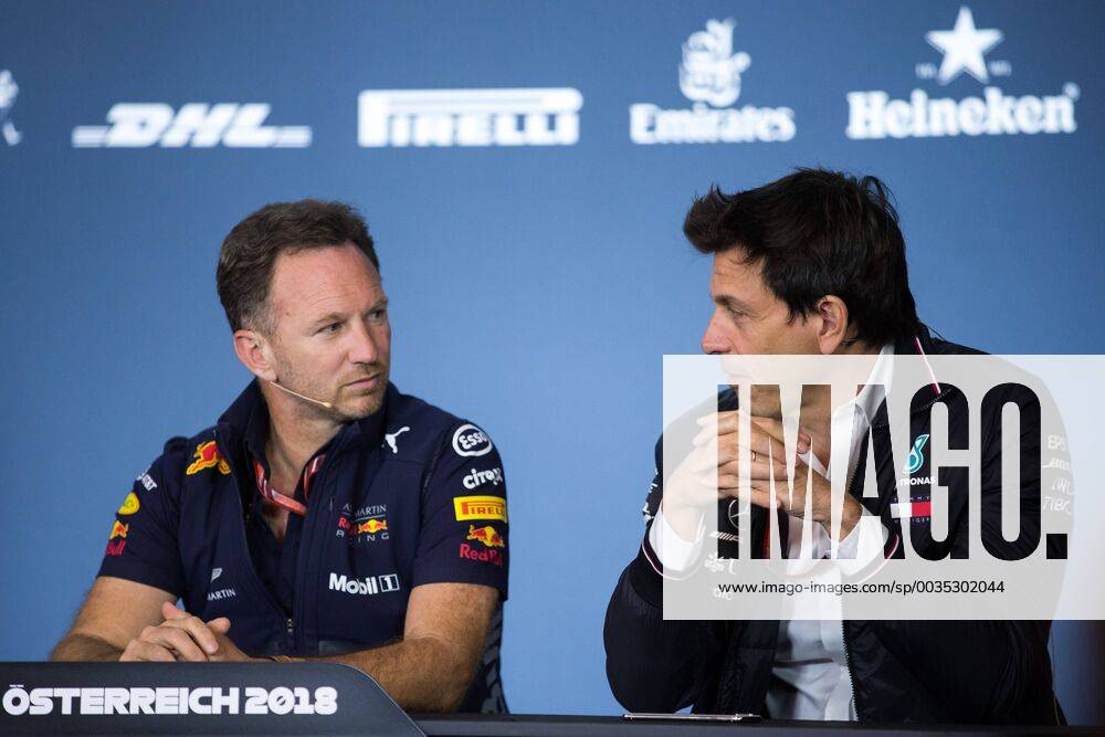 FORMULA 1 - GP of Austria 2018 SPIELBERG,AUSTRIA,29.JUN.18 - MOTORSPORTS, FORMULA 1 - Grand Prix of Austria, Red Bull Ring, free practice. Image shows team principal Christian Horner (Red Bull Racing) and executive director Toto Wolff (Mercedes). GEPAxpictures xDanielxGoetzhaber