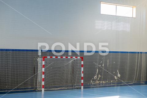 Gate for mini football, futsal indoor and handball in modern sport court court, game, basketball, net, recreation, soccer, retro, empty, play, basket, ball, sport, building, floor, indoor, old, line, dotted, handball, competition, team, extracurricular, hardwood, vacant, hoop, interior, vintage, nobody, education, school, fitness, hall, stadium, gym, goal, field, high, physical, healthy, move, no, people, gymnastics, playground, health, volleyball, futsal