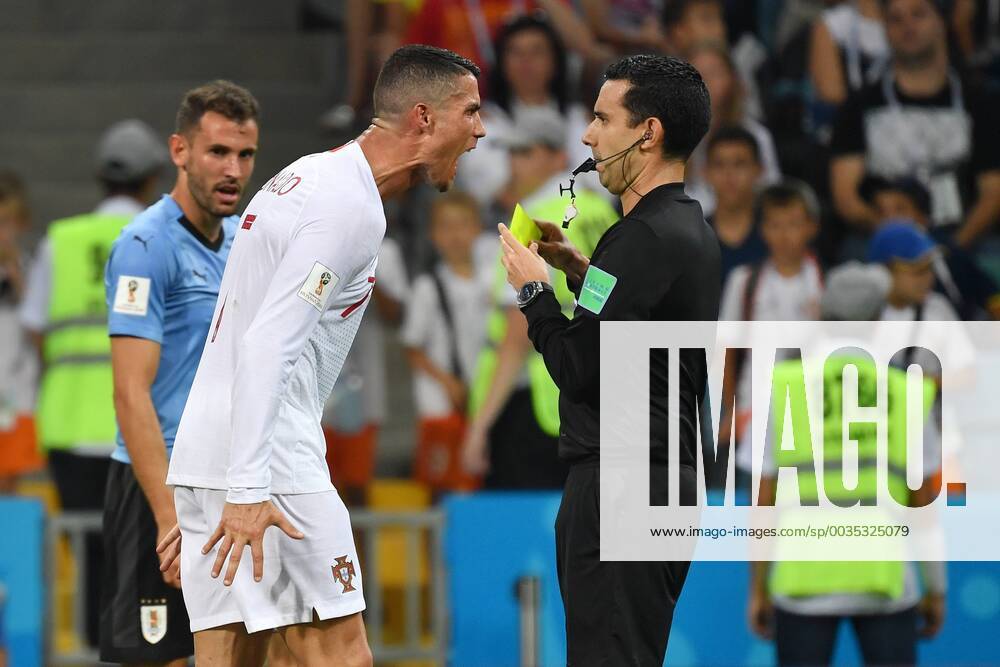 Enraged Cristiano RONALDO POR barks at referee Cesar RAMOS and receives a yellow card Anger Uruguay URU Portugal POR 2 1 Round of 16 Match 49 on 30 06 2018 in SOCHI Fisht Olympic Stadium Football World Cup 2018 in Russia from 14 06 15 07 2018
