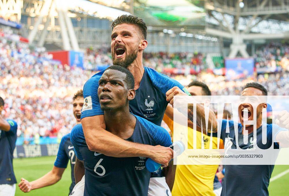 Argentina - France 3-4, Soccer, Kazan, June 30, 2018 Paul POGBA, FRA 6 Olivier GIROUD, FRA 9 Corentin TOLISSO, FRA 12 Cheering, joy, emotions, celebrating, laughing, cheering, rejoice, tearing up the arms, clenching the fist, victory, ARGENTINA - FRANCE 3-4 FIFA World Cup WM Weltmeisterschaft Fussball 2018 RUSSIA, Best of 16 , Season 2018 2019, June 30, 2018 Stadium K a z a n - A r e n a in Kazan, Russia. Photo: MAGICS Peter Schatz