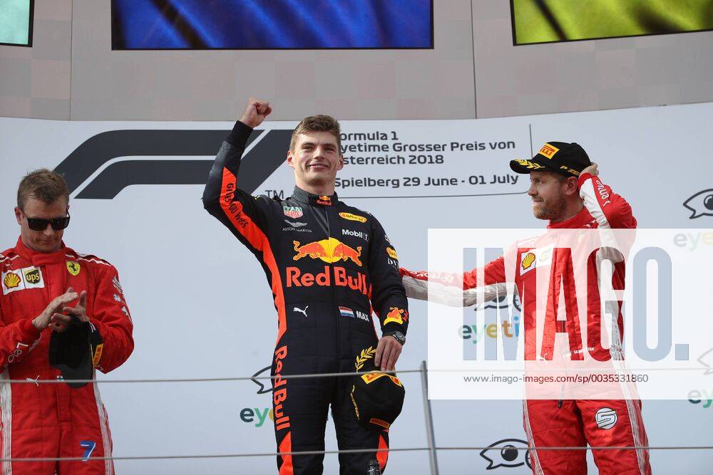 FORMULA 1 - GP of Austria 2018 SPIELBERG,AUSTRIA,01.JUL.18 - MOTORSPORTS - Grand Prix of Austria, Red Bull Ring. Image shows Kimi Raikkoenen (FIN Ferrari), the rejoicing of Max Verstappen (NED Aston Martin Red Bull Racing) and Sebastian Vettel (GER Ferrari). GEPAxpictures xAndreasxPranter
