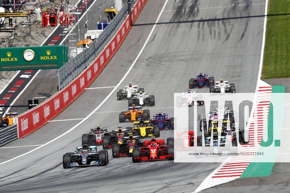 Motorsports: FIA Formula One World Championship WM Weltmeisterschaft 2018, Grand Prix of Austria, Start, 44 Lewis Hamilton (GBR, Mercedes AMG Petronas Motorsport), 7 Kimi Raikkonen (FIN, Scuderia Ferrari), 77 Valtteri Bottas (FIN, Mercedes AMG Petronas Motorsport), 33 Max Verstappen (NLD, Aston Martin Red Bull Racing), 5 Sebastian Vettel (GER, Scuderia Ferrari), Spielberg Austria