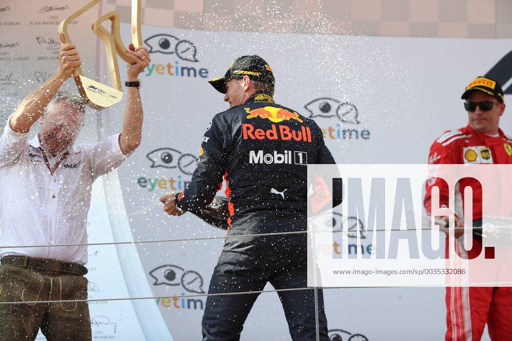 FORMULA 1 - GP of Austria 2018 SPIELBERG,AUSTRIA,01.JUL.18 - MOTORSPORTS - Grand Prix of Austria, Red Bull Ring. Image shows the rejoicing of Jonathan Wheatley (Red Bull Racing), the rejoicing of Max Verstappen (NED Aston Martin Red Bull Racing) and Kimi Raikkoenen (FIN Ferrari). GEPAxpictures xAndreasxPranter
