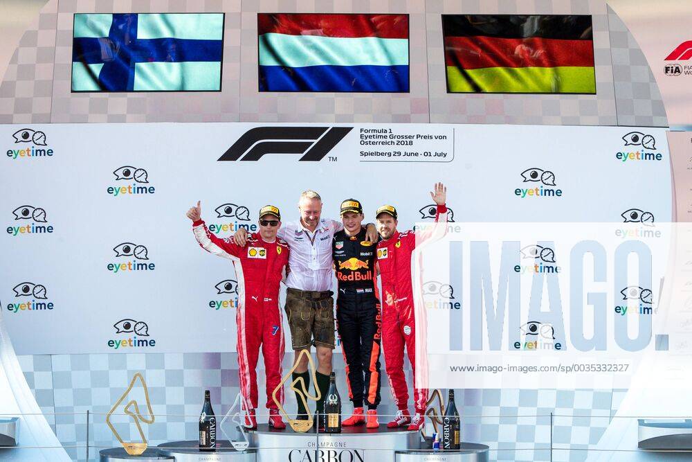 FORMULA 1 - GP of Austria 2018 SPIELBERG,AUSTRIA,01.JUL.18 - MOTORSPORTS - Grand Prix of Austria, Red Bull Ring. Image shows the rejoicing of Kimi Raikkoenen (FIN Ferrari), the rejoicing of team manager Jonathan Wheatley (Red Bull Racing), the rejoicing of Max Verstappen (NED Red Bull Racing) and the rejoicing of Sebastian Vettel (GER Ferrari). GEPAxpictures Klansek