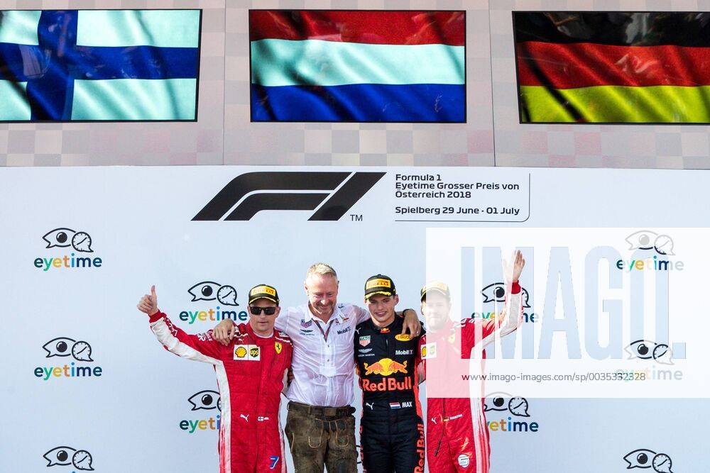 FORMULA 1 - GP of Austria 2018 SPIELBERG,AUSTRIA,01.JUL.18 - MOTORSPORTS - Grand Prix of Austria, Red Bull Ring. Image shows the rejoicing of Kimi Raikkoenen (FIN Ferrari), the rejoicing of team manager Jonathan Wheatley (Red Bull Racing), the rejoicing of Max Verstappen (NED Red Bull Racing) and the rejoicing of Sebastian Vettel (GER Ferrari). GEPAxpictures Klansek