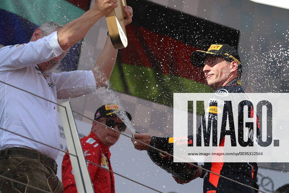 FORMULA 1 - GP of Austria 2018 SPIELBERG,AUSTRIA,01.JUL.18 - MOTORSPORTS - Grand Prix of Austria, Red Bull Ring. Image shows the rejoicing of Max Verstappen (NED Red Bull Racing). Keywords: champaign. GEPAxpictures xChristianxWalgram