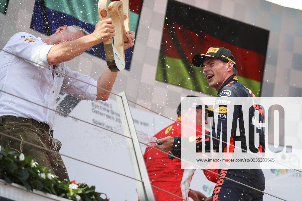 FORMULA 1 - GP of Austria 2018 SPIELBERG,AUSTRIA,01.JUL.18 - MOTORSPORTS - Grand Prix of Austria, Red Bull Ring. Image shows the rejoicing of Max Verstappen (NED Red Bull Racing). Keywords: champaign. GEPAxpictures xChristianxWalgram