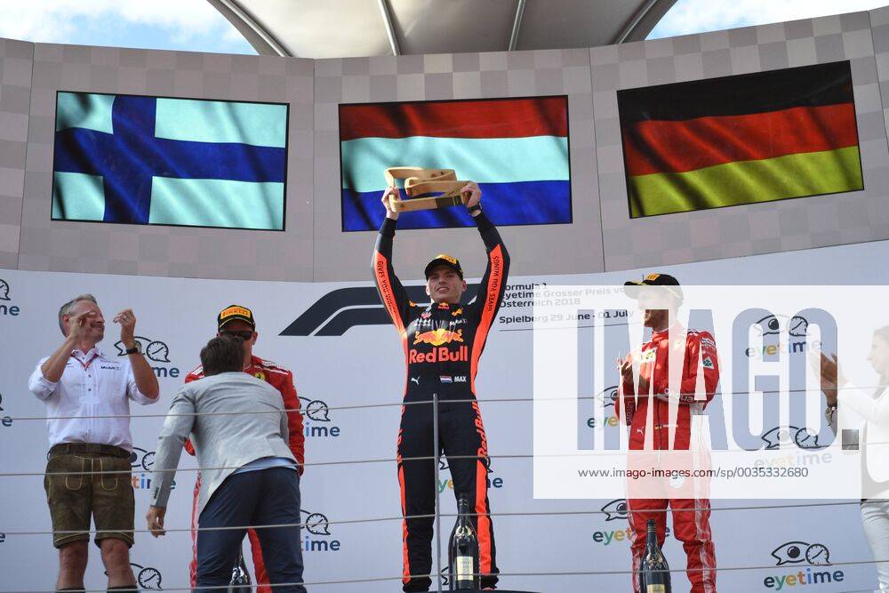 Max Verstappen Aston Martin Red Bull Racing celebrates on the podium Formula 1 Grand Prix of Austria Red Bull Ring 01 07 2018 2018 Formula 1 Grand Prix of Austria Red Bull Ring 01 07 2018 Spielberg