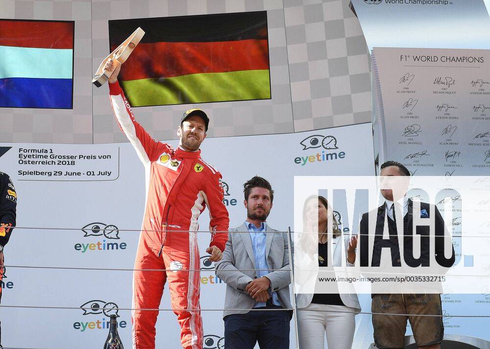 Sebastian Vettel Scuderia Ferrari celebrates on the podium Formula 1 Grand Prix of Austria Red Bull Ring 01 07 2018 2018 Formula 1 Grand Prix of Austria Red Bull Ring 01 07 2018 Spielberg