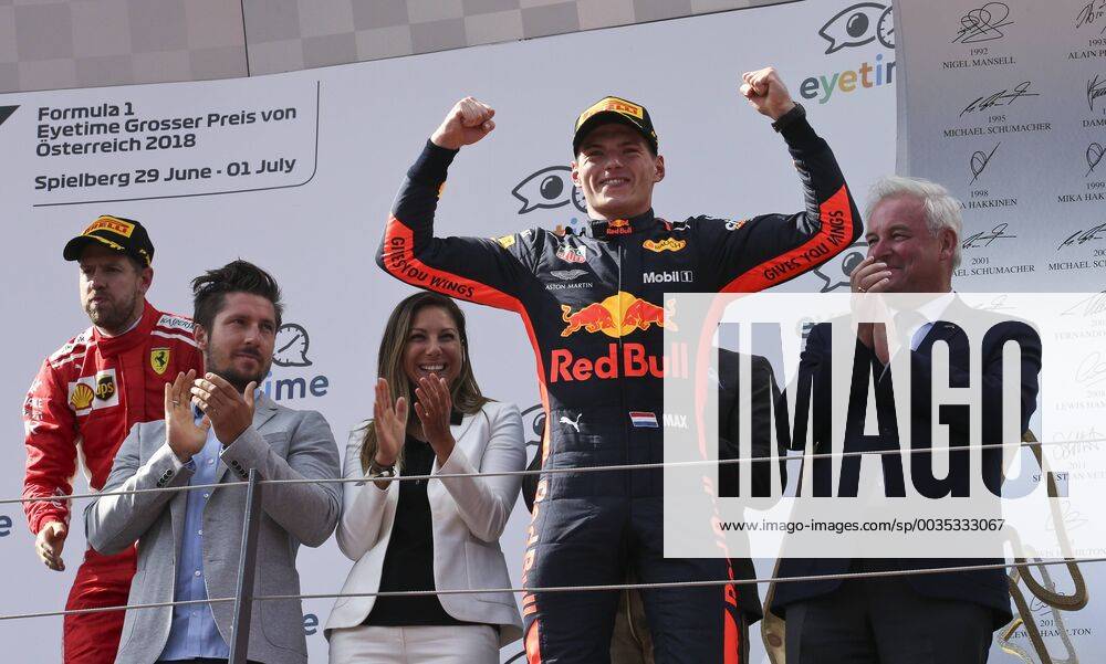 FORMULA 1 - GP of Austria 2018 SPIELBERG,AUSTRIA,01.JUL.18 - MOTORSPORTS - Grand Prix of Austria, Red Bull Ring. Image shows the rejoicing of Max Verstappen (NED Red Bull Racing), Sebastian Vettel (GER Ferrari), Marcel Hirscher (AUT), Maglena Krumova (eyetime international), Andreas Gabalier and governor Hermann Schuetzenhoefer (Styria). GEPAxpictures xWolfgangxGrebien
