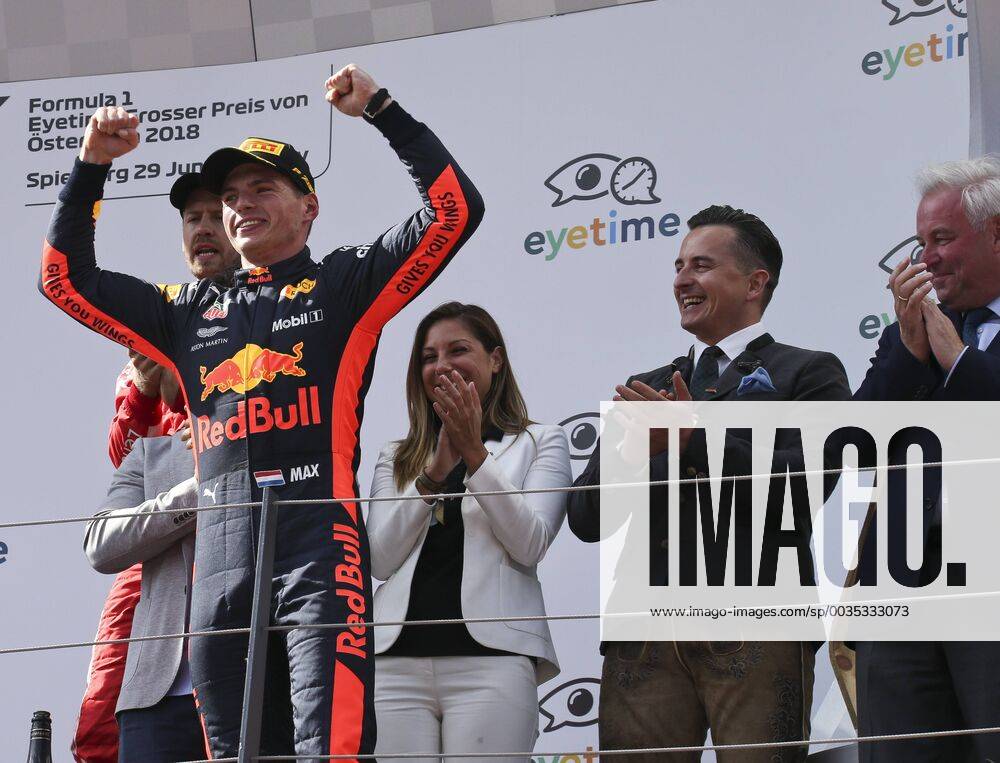 FORMULA 1 - GP of Austria 2018 SPIELBERG,AUSTRIA,01.JUL.18 - MOTORSPORTS - Grand Prix of Austria, Red Bull Ring. Image shows the rejoicing of Max Verstappen (NED Red Bull Racing), Sebastian Vettel (GER Ferrari), Marcel Hirscher (AUT), Maglena Krumova (eyetime international), Andreas Gabalier and governor Hermann Schuetzenhoefer (Styria). GEPAxpictures xWolfgangxGrebien