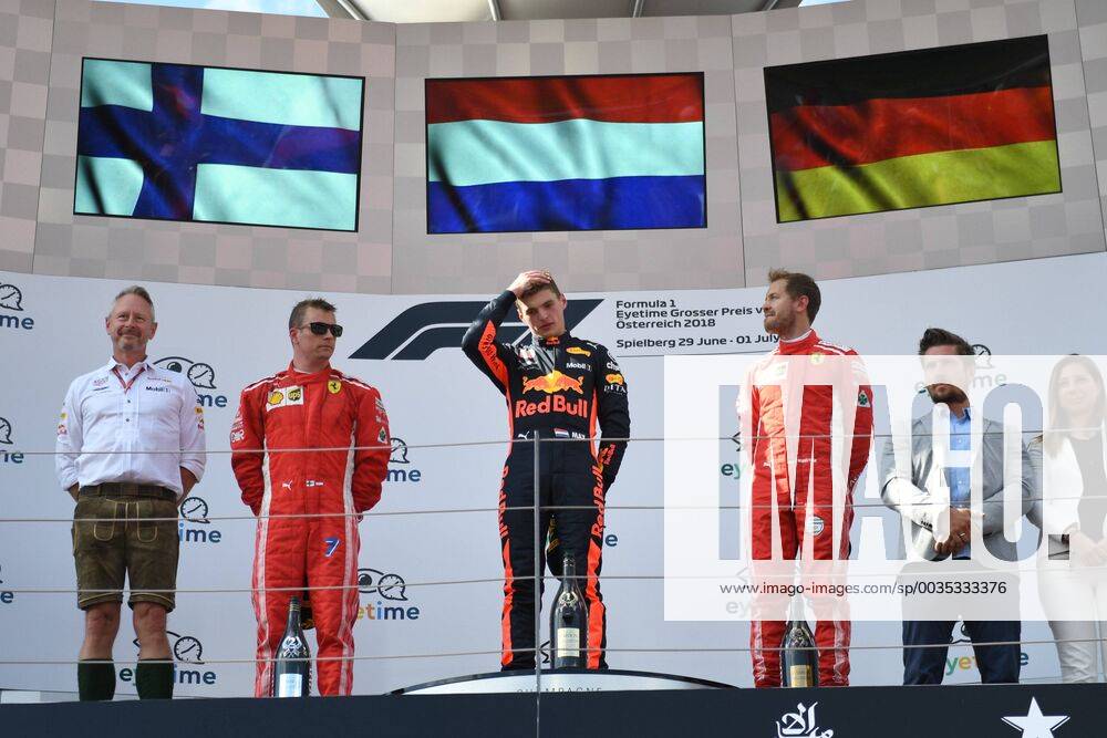 Aston Martin Red Bull Racing and Sebastian Vettel Scuderia Ferrari at the award ceremony Formula 1 Grand Prix of Austria Red Bull Ring 01 07 2018 2018 Formula 1 Grand Prix of Austria Red Bull Ring 01 07 2018 Spielberg