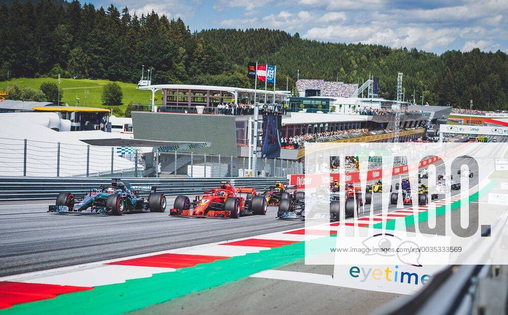 Red Bull Ring Spielberg AUT FIA Formula 1 Grand Prix of Austria race in picture Start Lewis Hamilton GBR Mercedes Kimi Raeikkoenen FIN Scuderia Ferrari Finnish Formula One driver Valtteri Bottas of Mercedes British Formula One driver Lewis Hamilton of Mercedes Finnish Formula One driver Kimi Raeikkoenen of Scuderia Ferrari Formula One driver Valtteri Bottas of Mercedes during the Austrian Formula One Grand Prix at the Red Bull Ring in Spielberg France on 2018 07 01 Spielberg EX_FEI