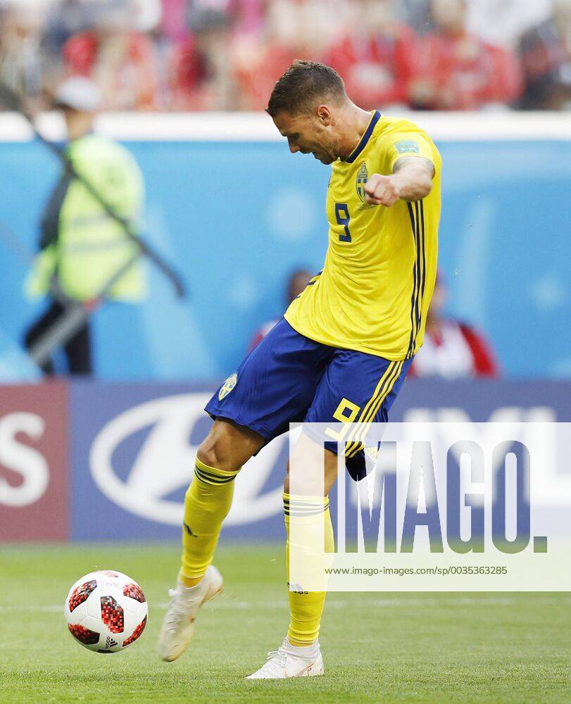 Football: Sweden vs Switzerland at World Cup Marcus Berg of Sweden takes a shot against Switzerland during the first half of a World Cup round-of-16 match at Saint Petersburg Stadium in St. Petersburg, Russia, on July 3, 2018.