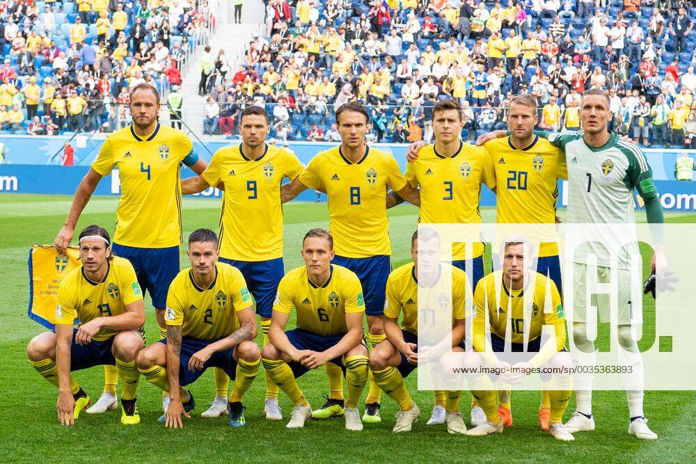 The starting eleven of Sweden Andreas Granqvist Marcus Berg Albin Ekdal Victor Nilsson Lindelöf Ola Toivonen goalkeeper Robin Olsen Gustav Svensson Mikael Lustig Ludwig Augustinsson Viktor Claesson and Emil Forsberg before the FIFA World Cup round of 16 match between Sweden and Switzerland on July 3, 2018 in ST Petersburg Photo Petter Arvidson PICTURE OFFICE Code PA 87748