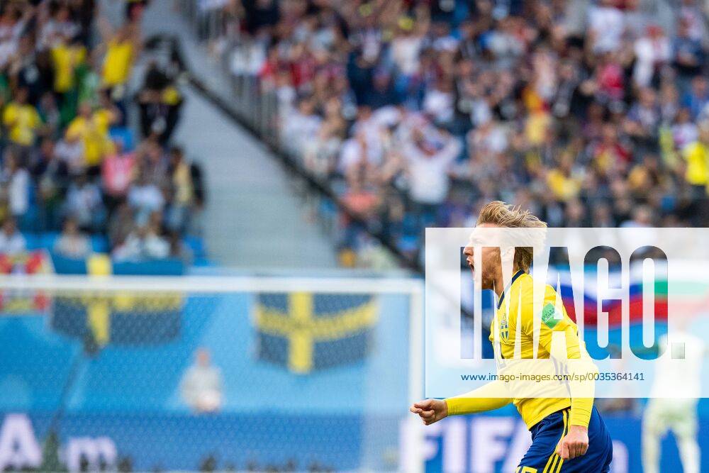 Emil Forsberg of Sweden celebrates scoring 1 0during the FIFA World Cup round of 16 match between Sweden and Switzerland on July 3, 2018 in St. Petersburg Photo Petter Arvidson BILDBYRAN Code PA 87748