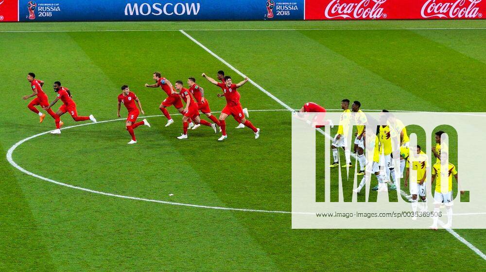 England s players celebrate their victory in the 2018 FIFA World Cup WM Weltmeisterschaft Fussball Round of 16 match against Colombia at Spartak Stadium. England won the game 4-3 in a penalty shootout. Denis Tyrin TASS TS087E11