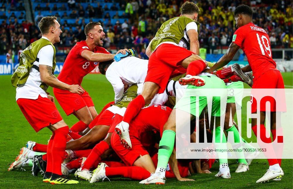 England s players celebrate their victory in the 2018 FIFA World Cup WM Weltmeisterschaft Fussball Round of 16 match against Colombia at Spartak Stadium. England won the game 4-3 in a penalty shootout. Anton Novoderezhkin TASS TS087E1D