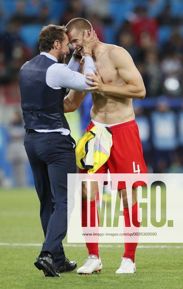 Gareth Southgate manager of England celebrates with Eric Dier of England during the FIFA World Cup WM Weltmeisterschaft Fussball 2018 Round of 16 match at the Spartak Stadium, Moscow. Picture date 3rd July 2018. Picture credit should read: David Klein Sportimage .