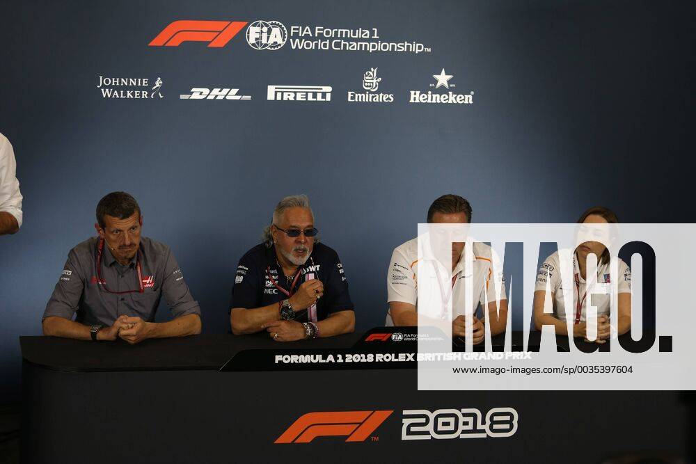 Photo4 LaPresse 06 07 2018 Silverstone, England Grand Prix Formula One England 2018 In the pic: Official Fia press conference PK Pressekonferenz L to R Guenther Steiner (ITA) Haas F1 Team Prinicipal, Vijay Mallya (IND) Sahara Force India F1 Team Owner, Zak Brown (USA) McLaren Executive Director and Claire Williams (GBR) Williams Deputy Team Principa