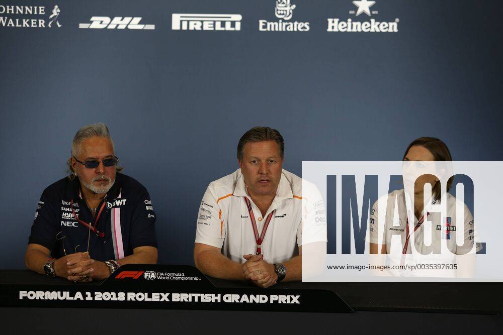 Photo4 LaPresse 06 07 2018 Silverstone, England Grand Prix Formula One England 2018 In the pic: Official Fia press conference PK Pressekonferenz L to R Vijay Mallya (IND) Sahara Force India F1 Team Owner, Zak Brown (USA) McLaren Executive Director and Claire Williams (GBR) Williams Deputy Team Principa