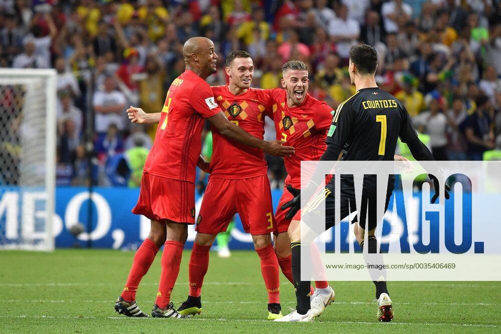 Final bout Belgium with v left Vincent KOMPANY BEL Thomas VERMAELEN BEL Toby ALDERWEIRELD BEL Thibaut COURTOIS Goalkeeper BEL Action Cheers Delight Enthusiasm Brazil BRA Belgium BEL 1 2 Quarterfinals Round of Eight Game 58 on 06 07 2018 in Kazan Kazan Arena Football World Cup 2018 in Russia from 14 06 15 07 2018