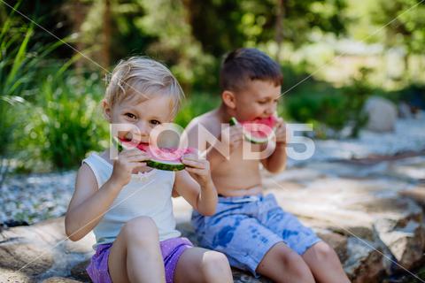 Little chidren sitting near a lake and eating watermelon on hot sunny day during summer vacation. happiness, watermelon, fruit, kid, happy, green, nature, red, food, fun, picnic, healthy, outdoor, joy, health, juicy, eat, girl, childhood, slice, boy, nutrition, cute, sweet, smile, little, eating, cheerful, snack, summertime, caucasian, meal, enjoy, outside, melon, garden, water, delicious, friend, refreshment, holiday, brother, sister, freshness, warm, preschool, siblings