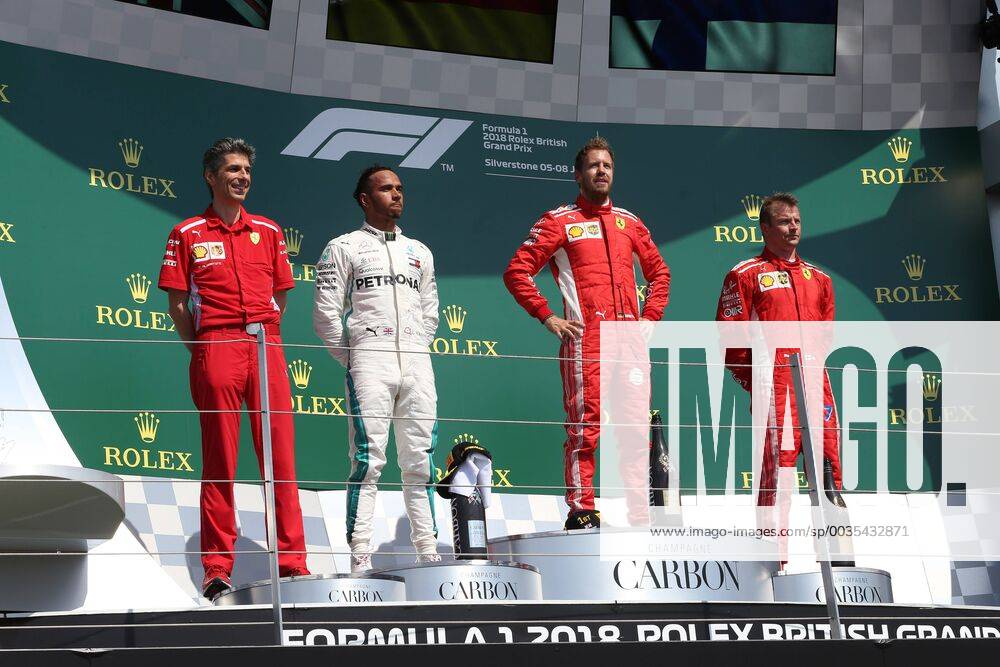 Photo4 LaPresse 08 07 2018 Silverstone, England Grand Prix Formula One England 2018 In the pic: Podium, winner Sebastian Vettel (GER) Scuderia Ferrari SF71H, 2nd place Lewis Hamilton (GBR) Mercedes AMG F1 W09 3rd place Kimi Raikkonen (FIN) Scuderia Ferrari SF71H