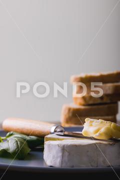 Close-up of brie cheese with herb and knife in plate against gray background, copy space. unaltered, food, studio shot and dairy product. No People, Close, Brie, Cheese, Herb, Knife, Plate, Gray Background, Copy Space, Unaltered, Food, Studio, Shot, Dairy Product, Meal, Delicious, Dinner, Camembert, Fresh, Cuisine, Gourmet, Lunch, Tasty, Dish, Cooking, Healthy, Snack, Ingredient, Vegetable, Organic, Diet, Restaurant, Nutrition, Closeup, Gray, Background, Copy, Space, Dairy, Product