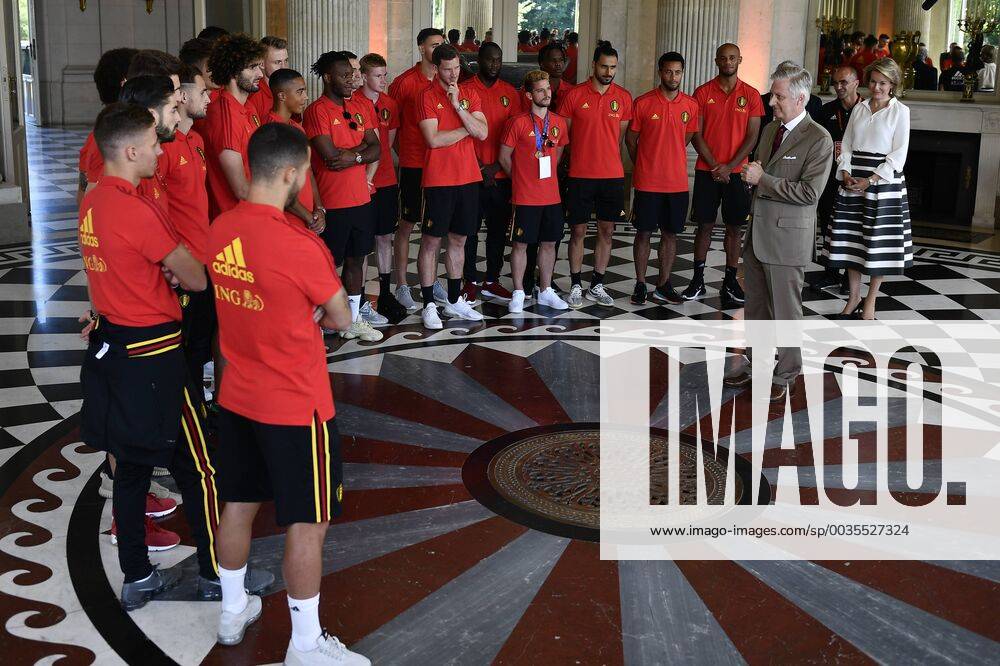 King Philippe - Filip of Belgium delivers a speech to players near Queen Mathilde of Belgium at the Royal castle in Laken - Laeken, as Belgian national soccer team Red Devils are received by Royal couple after the presence in the semi-final of the soccer World cup in Russia, Sunday 15 July 2018. ERICxLALMAND x05386476x