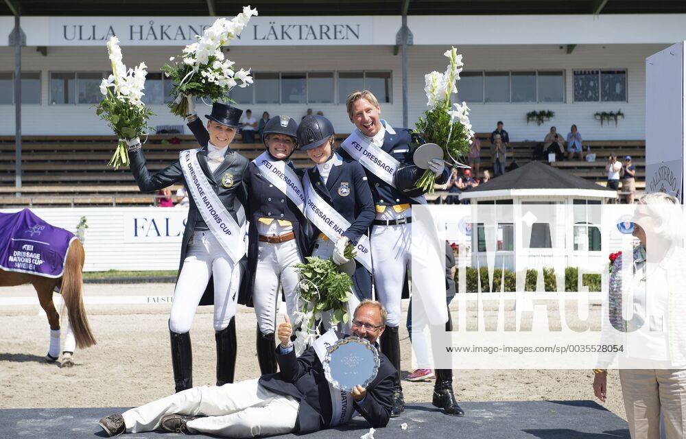 The Swedish team celebrates after winning the FEI Dressage Nations Cup competition during day 8 of Falsterbo Horse Show on July 15, 2018 in Falsterbo Photo Ludvig Thunman BILDBYR N code LT 35504