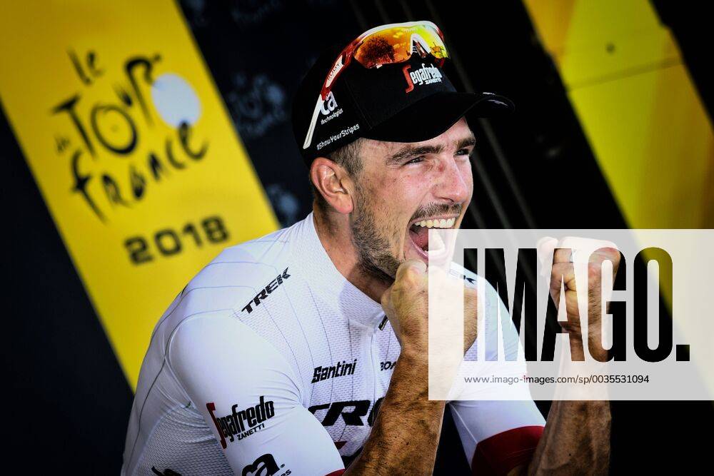 KW28 German John Degenkolb of Trek-Segafredo celebrates on the podium after winning the eighth stage of the 105th edition of the Tour de France cycling race, from Arras Citadelle to Roubaix (156,5 km), in France, Sunday 15 July 2018. This year s Tour de France takes place from July 7th to July 29th. YORICKxJANSENS x05386789x