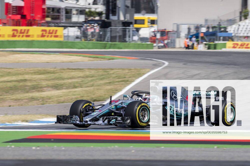 Motorsport Formula 1 season 2018 2019 Training on Friday 20 07 2018 at the Hockenheimring in Hockenheim Germany Lewis Hamilton Mercedes AMG Petronas turns onto the start goal straight