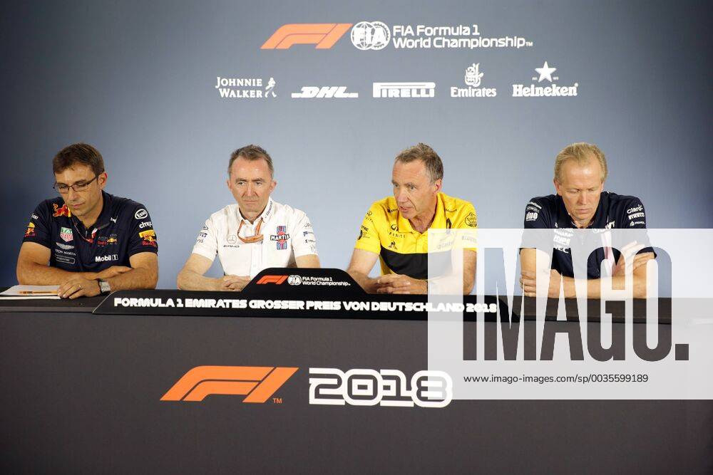 Formel 1, GP Deutschland, Pressekonferenz Photo4 LaPresse 20 07 2018 Hockenheimring, Germany Grand Prix Formula One Germany 2018 In the pic: Team manager press conference PK Pressekonferenz Pierre Wach& xe8; Red Bull, Paddy Lowe (GBR), Williams chief technical officer Robert Bell (GBR) Allan Simonsen (AUS) Ferrari 430 GT, Virgo Motorsport Robert Green Force india.