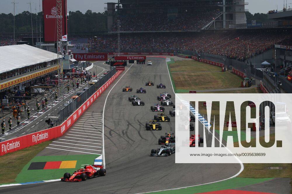 Motorsports: FIA Formula One World Championship WM Weltmeisterschaft 2018, Grand Prix of Germany, Start, 5 Sebastian Vettel (GER, Scuderia Ferrari), 77 Valtteri Bottas (FIN, Mercedes AMG Petronas Motorsport), 7 Kimi Raikkonen (FIN, Scuderia Ferrari), 33 Max Verstappen (NLD, Aston Martin Red Bull Racing), Hockenheim Germany