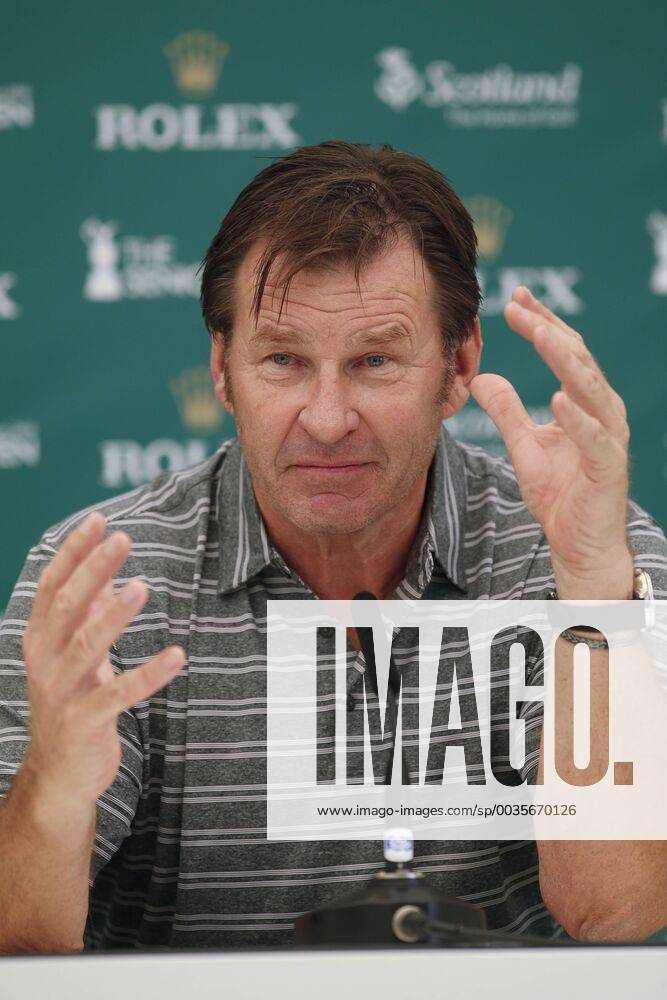 25th July 2018, Old Course at St Andrews, St Andrews, Scotland; The 2018 Senior Open Golf Championships, practice day; Sir Nick Faldo (ENG) talks to the media early in the day ActionPlus12050319 AlanxMartin
