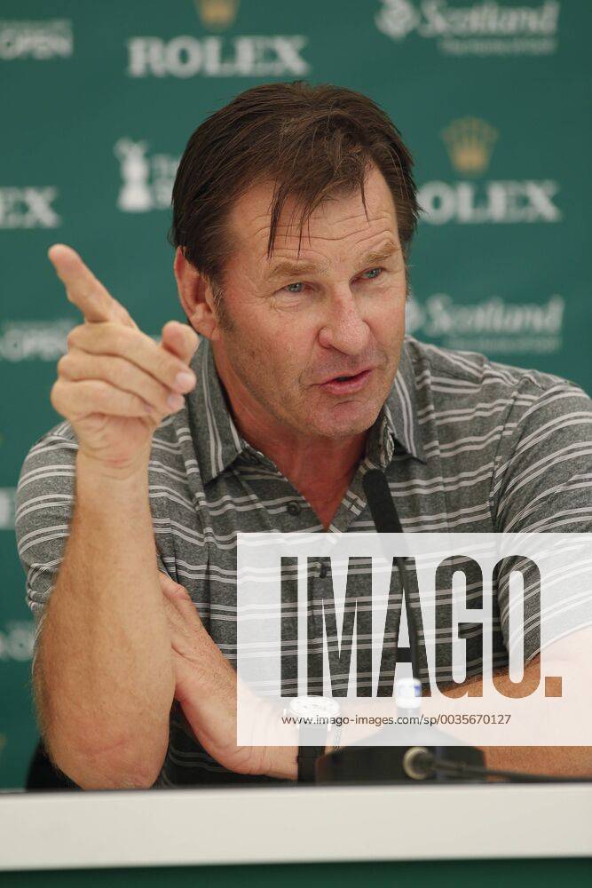 25th July 2018, Old Course at St Andrews, St Andrews, Scotland; The 2018 Senior Open Golf Championships, practice day; Sir Nick Faldo (ENG) talks to the media early in the day ActionPlus12050320 AlanxMartin