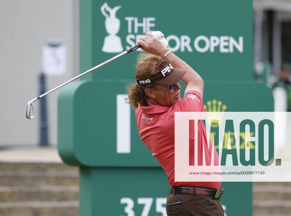 26th July 2018, Old Course at St Andrews, St Andrews, Scotland; The 2018 Senior Open Golf Championships, 1st round; Miguel Angel Jimenez (ESP) plays his tee shot on the opening hole ActionPlus12050486 AlanxMartin