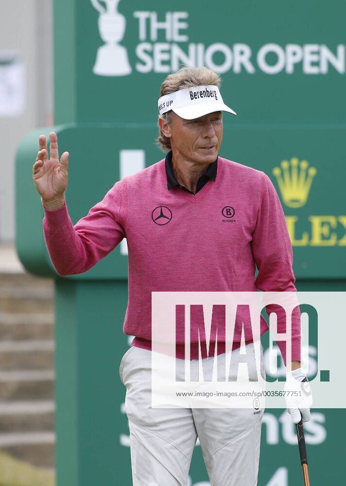 26th July 2018, Old Course at St Andrews, St Andrews, Scotland; The 2018 Senior Open Golf Championships, 1st round; Reigning champion Bernhard Langer (GER) acknowledges the crowd as he prepares to play his tee shot on the opening hole ActionPlus12050488 AlanxMartin