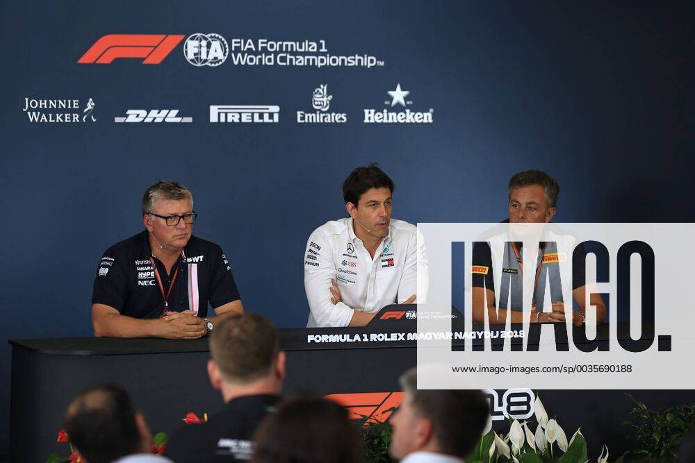 27th July 2018, Hungaroring, Mogyorod, Hungary; Hungarian Formula One Grand Prix, Friday free practice; Otmar Szafnauer, Toto Wolff and Mario Isola ActionPlus12050797 Octane
