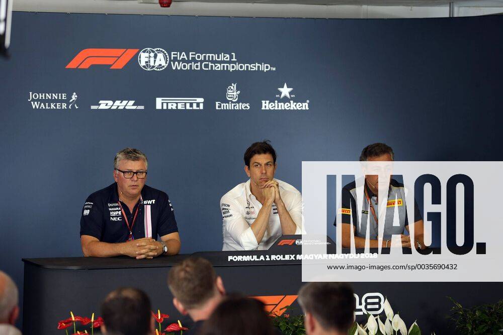 Photo4 LaPresse 27 07 2018 Budapest, Hungary Grand Prix Formula One Hungary 2018 In the pic: press conference PK Pressekonferenz Otmar Szafnauer (USA) Sahara Force India F1 Chief Operating Officer Toto Wolff (GER) Mercedes AMG F1 Shareholder and Executive Director Mario Isola (ITA), Pirelli Racing Manager