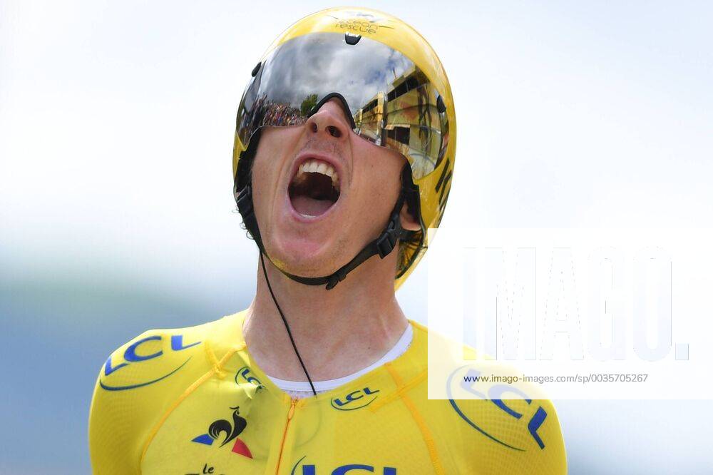 KW30 British Geraint Thomas of Team Sky wearing the yellow jersey of leader in the overall ranking celebrates after the 20th stage of the 105th edition of the Tour de France cycling race, a 31km individual time trial from Saint-Pee-sur-Nivelle to Espelette, France, Saturday 28 July 2018. This year s Tour de France takes place from July 7th to July 29th. DAVIDxSTOCKMAN x05393806x