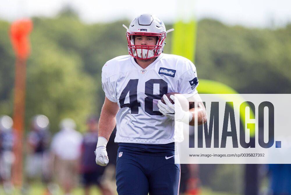 Foxborough, MA, USA; New England Patriots linebacker Harvey Langi (48) participates in drills during New England Patriots Training Camp at Gillette Stadium. Cal Media NFL American Football Herren USA 2018: Patriots Training Camp AUG 04 - ZUMAc04_ 20180804_zaf_c04_559
