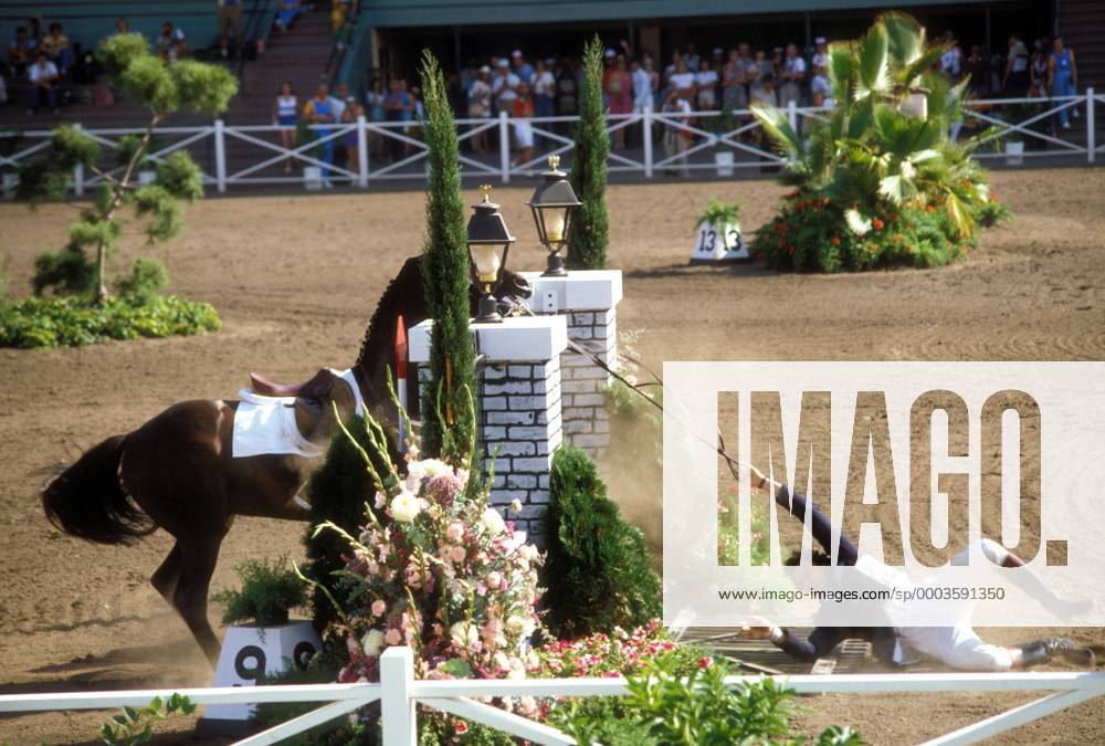 Philippe Rozier (Frankreich) hat es noch über das Hindernis geschafft, Jiva verweigert und steht noch davor Pferdesport OS Sommer Herren Olympische Spiele Los Angeles 1984, Sommerspiele, Reiten, Reitsport Springen Springreiten Vdia Einzelbild Arcadia Pferdesport OS Sommer Herren Olympische Spiele Los Angeles 1984, Sommerspiele, Reiten, Reitsport Springen Springreiten Vdia Einzelbild Arcadia