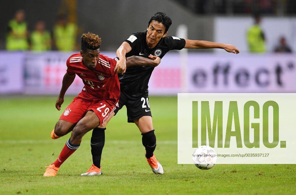 FOOTBALL 1 BUNDESLIGA SEASON 2018 2019 SUPERCUP FINAL Eintracht Frankfurt FC Bayern Munich 12 08 2018 Kingsley Coman li FC Bayern Munich vs. Makoto Hasebe re Eintracht Frankfurt DFL regulations prohibit any use of images as image sequences and or quasi video