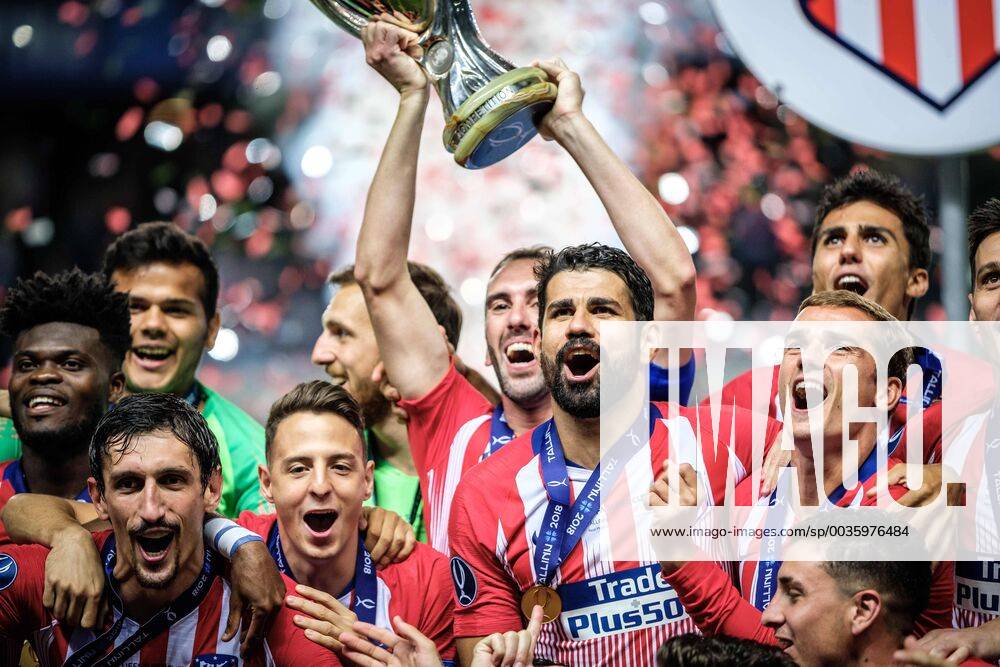 Tallinn, Estonia - Diego Costa of Atletico Madrid celebrating at UEFA Super Cup 2018 in Tallinn..The UEFA Super Cup 2018 was played between Real Madrid and Atletico Madrid. Atletico Madrid won the match 4-2 during extra time after and took the trophy after drawing at 2-2 during the first 90 minute of game play. Soccer 2018: Supercup: Atletico Madrid 4:2 Real Madrid - ZUMAs197 20180816_zaa_s197_003