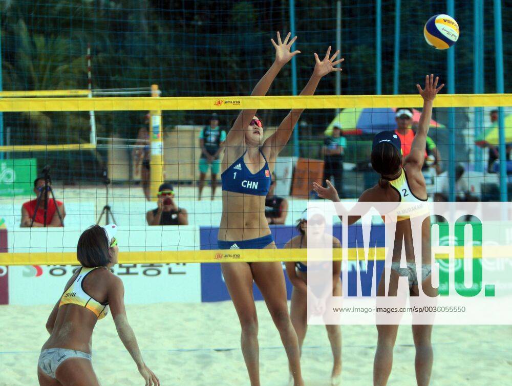 Palembang, South Sumatra, Indonesia - PALEMBANG, INDONESIA - AUGUST 20 : Japan s Megumi Murakami a smash against China in the women s Beach volleyball Beachvolleyball during the 2018 Asian Games in Palembang, Indonesia on August 20, 2018. Japan s Megumi Murakami Miki Ishii beat China s Wang Xinxin Zeng Jinjin 21-12 and 21-15. Japan Beat China on Beach Volley in Asian Games - ZUMAys1_ 85039417st